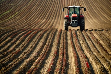 Red tractor plowing field, creating even rows in the soil, preparing land for planting season on a...