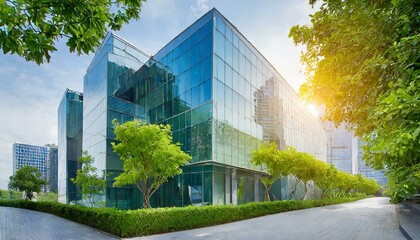 Obraz premium Eco - friendly building in the modern city. Sustainable glass office building with trees for reducing heat and carbon dioxide. Office building with green environment