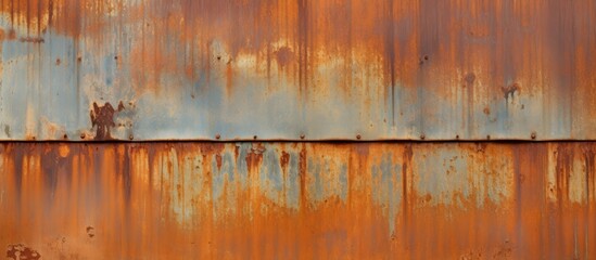 A close up of a weathered metal wall with rust patches resembling shades of brown, amber, and orange, creating a natural landscape on the textured surface