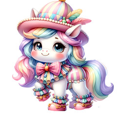 Cute watercolor animal character dressing as a clown costume for circus clipart of unicorn
