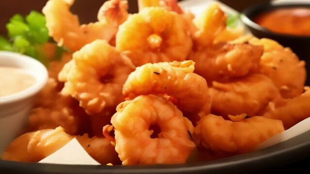 A tempting shot revealing a heaping plate of goldenbrown popcorn shrimp, perfectly fried to a crispy perfection and served with a side of zesty chipotle mayo for dipping.