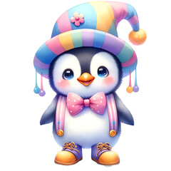 Cute watercolor animal character dressing as a clown costume for circus clipart of penguin