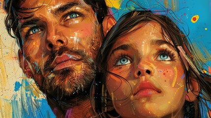 Pop art-style close-up showing a father and daughter, with clashing colors that hint at underlying conflict