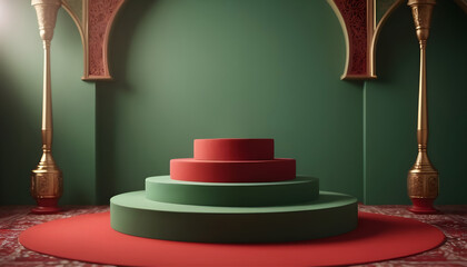 3d rendering of elegant red and green product display podium