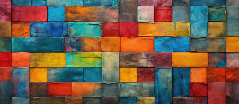 A close up of a creative arts painting featuring squares in shades of azure, electric blue, and brown. The rectangles create a symmetrical pattern on the building material wall