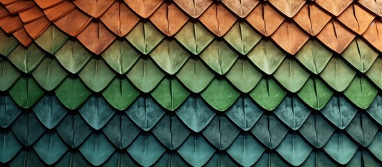 An up-close view of a colorful and detailed dragon scale pattern adorning the exterior of a building - obrazy, fototapety, plakaty