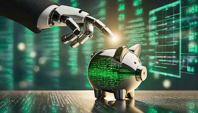 The illustration of an Artificial Intelligence hand in humanoid shape and a pig piggy bank. Making money with Artificial Intelligence or Making money with digital means.
