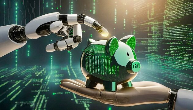 The illustration of an Artificial Intelligence hand in humanoid shape and a pig piggy bank. Making money with Artificial Intelligence or Making money with digital means.
