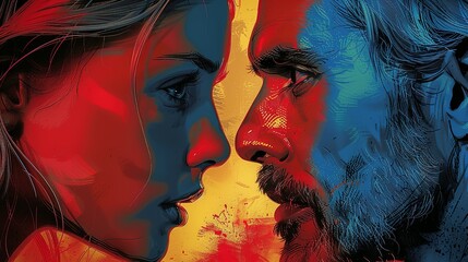 Fototapeta premium Pop art-style close-up showing a father and daughter, with clashing colors that hint at underlying conflict