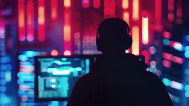 A lone figure stands silhouetted against a dystopian cityscape illuminated only by the bright lights of their computer screen as they strategize and plan their next move in