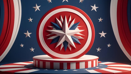 3d rendering of a round podium with American flag ornament style in the background