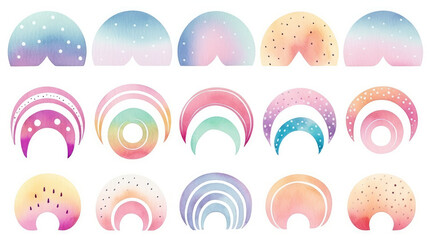 Collection set of decorative clip art cute watercolor hand draw rainbow, sun, cloud, star, weather in boho style. for nursery decoration, baby shower, party, poster, invitation, postcard, clothes.