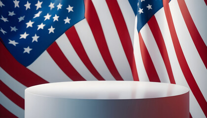 3d rendering of a round podium with American flag ornament style in the background