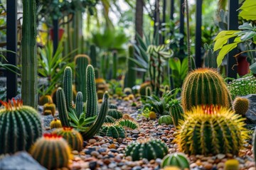 Fototapeta premium Vibrant cacti and succulents in a beautiful greenhouse, displaying a stunning array of colors and shapes, creating a mesmerizing botanical oasis.