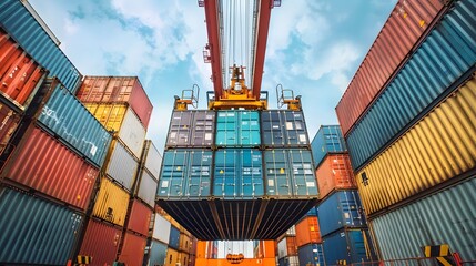Container loading in a Cargo freight ship with industrial crane. Container ship in import and export business logistic company. Industry and Transportation concept. - obrazy, fototapety, plakaty