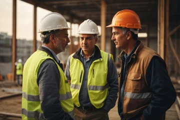 Foto op Canvas mature men building contractors wearing hat and safety suit discussing work project at construction building site © free