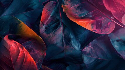 Vibrant colored leaves with abstract pattern - A close-up of leaves showing a vivid display of reds, blues, and greens with an abstract overlay