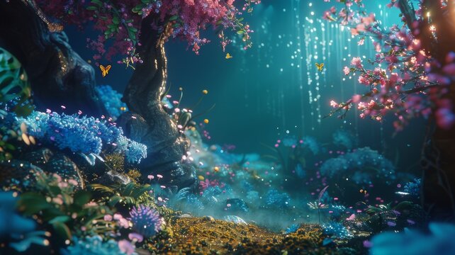 Underwater fantasy world with vibrant flora - This mesmerizing image invites viewers into an underwater fantasy world filled with vibrant, mystical flora and a sense of serene exploration