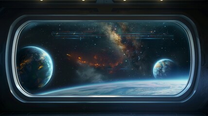 Space view from a spaceship window - Cosmic scene with galaxies and planets seen from a spaceship window, portraying an interstellar voyage through the universe