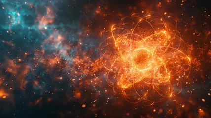 Fotobehang Stellar atomic energy concept - This digital art piece showcases glowing atomic structures with a cosmic backdrop, giving a stellar energy concept vibe © Tida