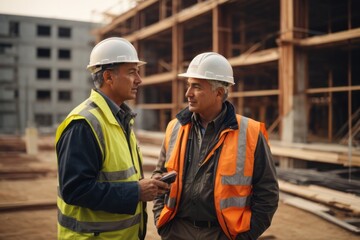 mature men building contractors wearing hat and safety suit discussing work project at construction building site