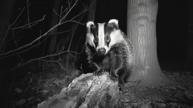Nocturnal badger in natural habitat - Black and white image capturing the curious look of a badger in the night forest