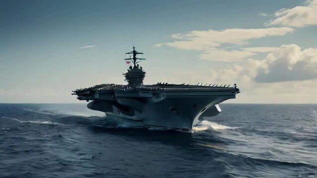 a mighty aircraft carrier sailing in the middle of the ocean with a clear sky as a background