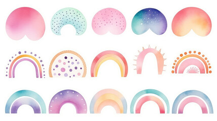 Collection set of decorative clip art cute watercolor hand draw rainbow, sun, cloud, star, weather in boho style. for nursery decoration, baby shower, party, poster, invitation, postcard, clothes.