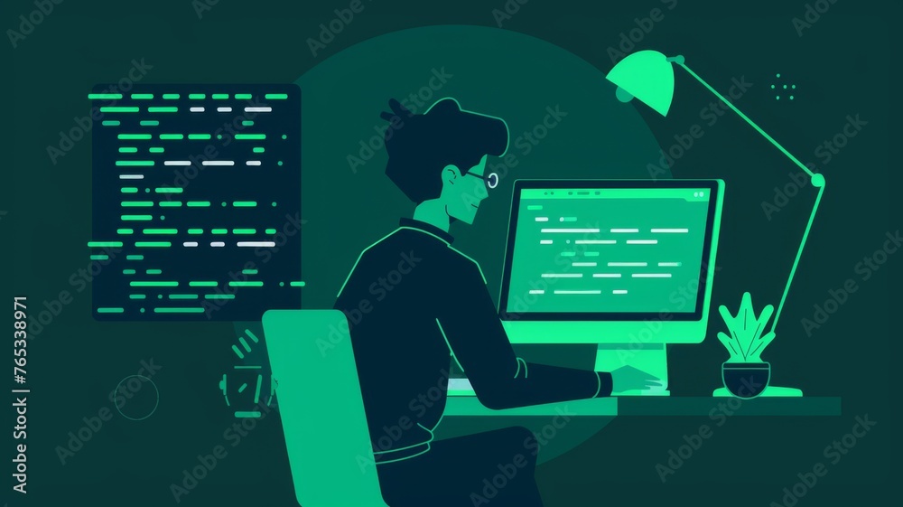 Poster animated developer working late at night - illustrated coder diligently working late at night on com