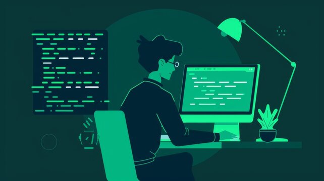 Animated developer working late at night - Illustrated coder diligently working late at night on computer with a plant beside
