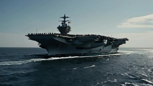 a mighty aircraft carrier sailing in the middle of the ocean with a clear sky as a background