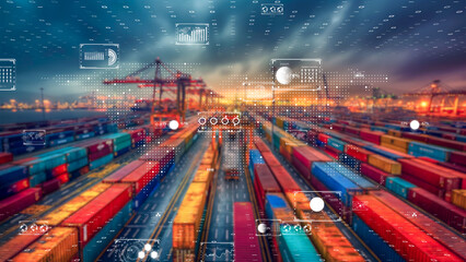 Futuristic port with container stacks, orange sunset, and digital interface elements, logistics efficiency.