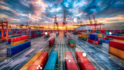 Futuristic port with container stacks, orange sunset, and digital interface elements, logistics efficiency.