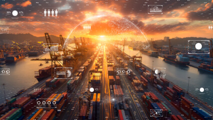 Futuristic port with container stacks, orange sunset, and digital interface elements, logistics efficiency.