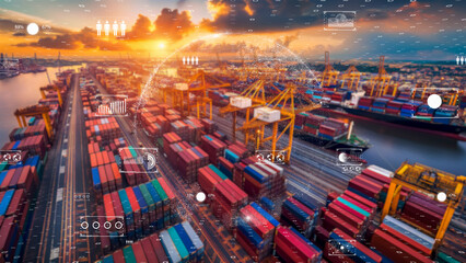 Futuristic port with container stacks, orange sunset, and digital interface elements, logistics efficiency.