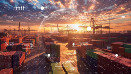 Futuristic port with container stacks, orange sunset, and digital interface elements, logistics efficiency.