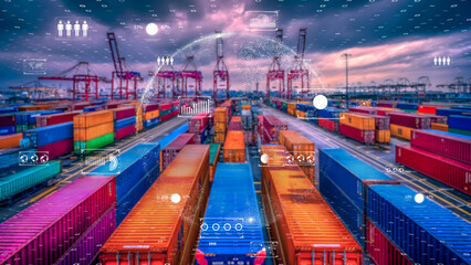Futuristic port with container stacks, orange sunset, and digital interface elements, logistics efficiency.