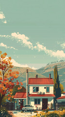 Fototapeta na wymiar Peaceful Suburban Home Surrounded by Autumn Foliage, Flat Art Illustration