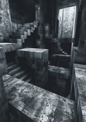 Dark, eerie maze of monolithic structures - A chilling, labyrinthine composition of stark, monolithic structures creating a sense of foreboding and disorientation
