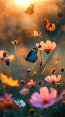 Butterflies dancing over sunlit flowers - A mesmerizing scene of vibrant butterflies fluttering above a field of glowing flowers basking in sunlight