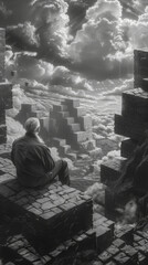 Man contemplating on surreal cloud stairways - An introspective scene captures a lone man sitting on enigmatic stairways amidst a backdrop of dramatic clouds