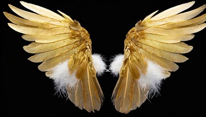 Pair of gold wings and feathers isolated on transparent background - obrazy, fototapety, plakaty