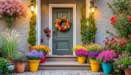 Home front door exterior with colorful potted flowers and wreaths