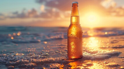 Cold beer with condensation at sunset - A solitary beer bottle, its surface beaded with condensation, stands against a setting sun and gentle sea waves - obrazy, fototapety, plakaty