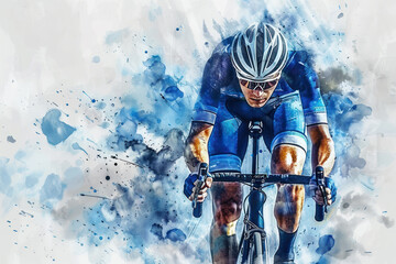 Blue watercolor painting of professional cyclist in road bike race