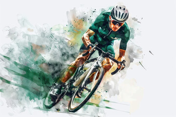 Green watercolor painting of professional cyclist in road bike race