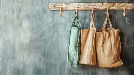 Eco friendly bags hanging on coat hook