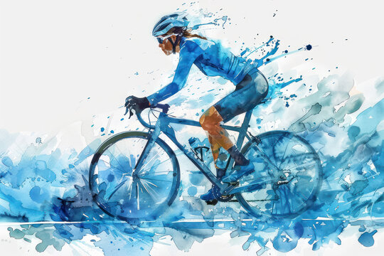 Blue watercolor painting of side view woman cyclist in road bike