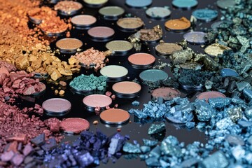 Obraz na płótnie Canvas Vibrant assortment of colorful eyeshadows on reflective black surface, perfect for makeup and beauty product advertising