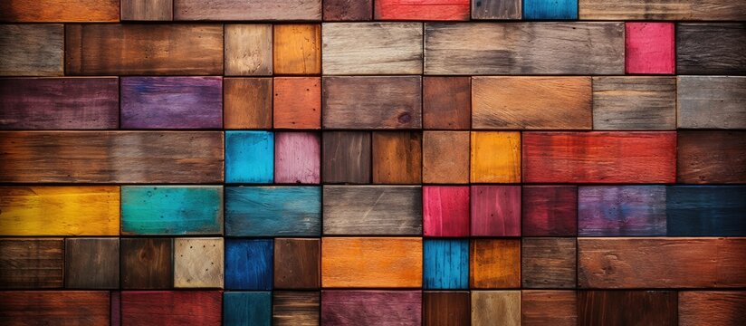 An up-close image showing a wooden wall constructed with diverse colored boards of different wood types
